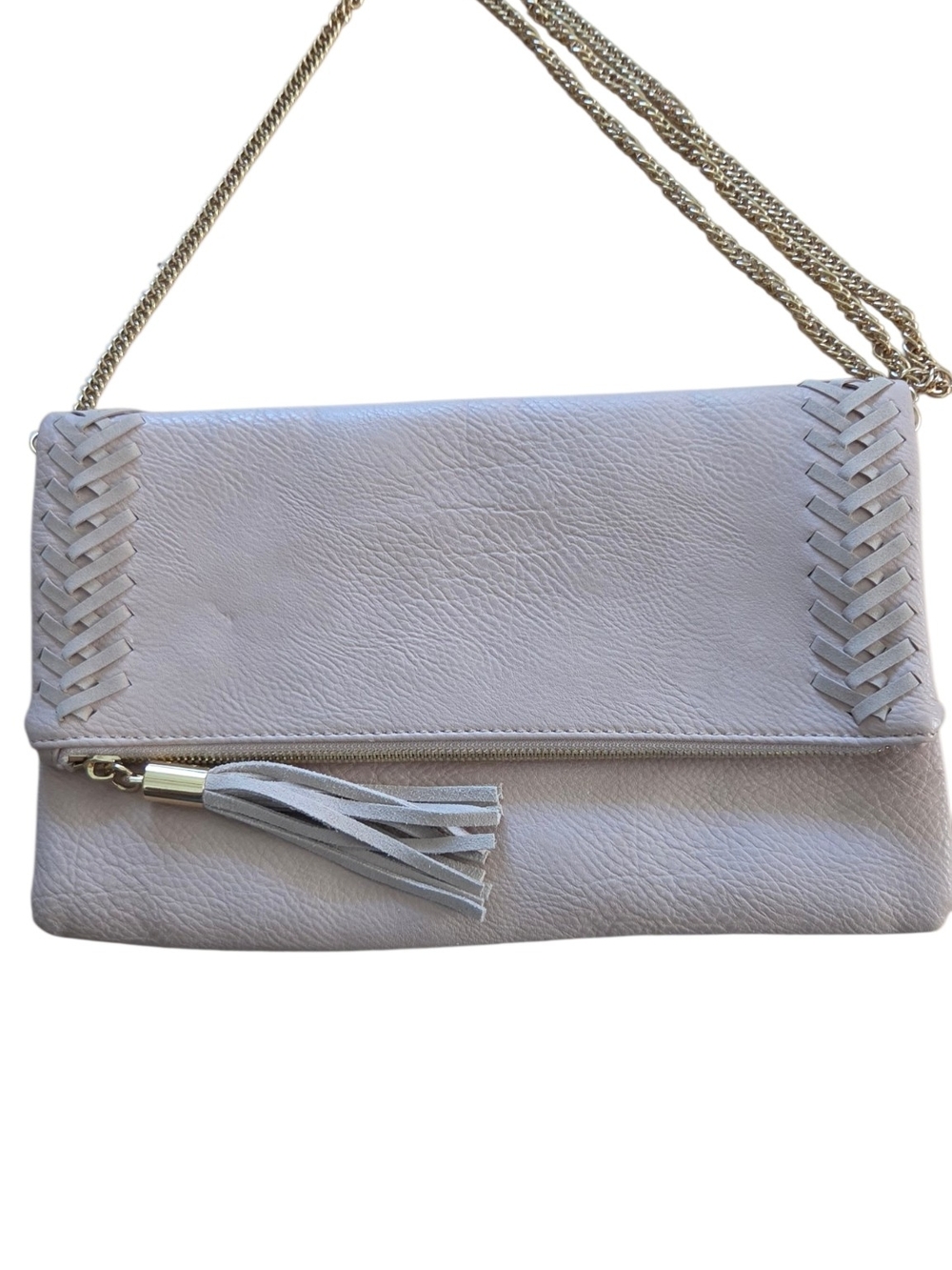 Blush Tassel Leather Clutch with Woven Trim